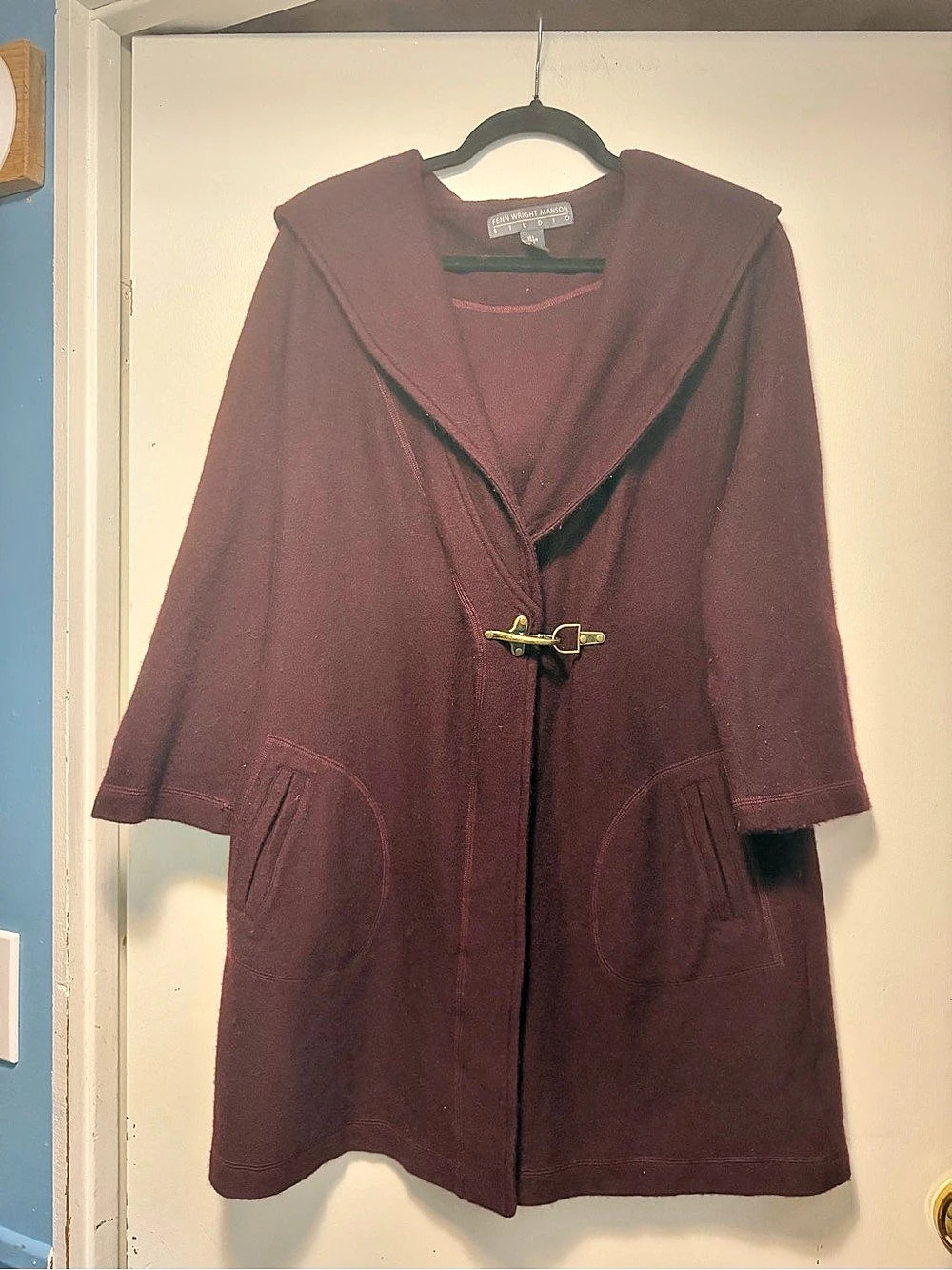 Fenn Wright Manson 100% Wool Hooded Coat Burgundy Size Large Vintage Inspired